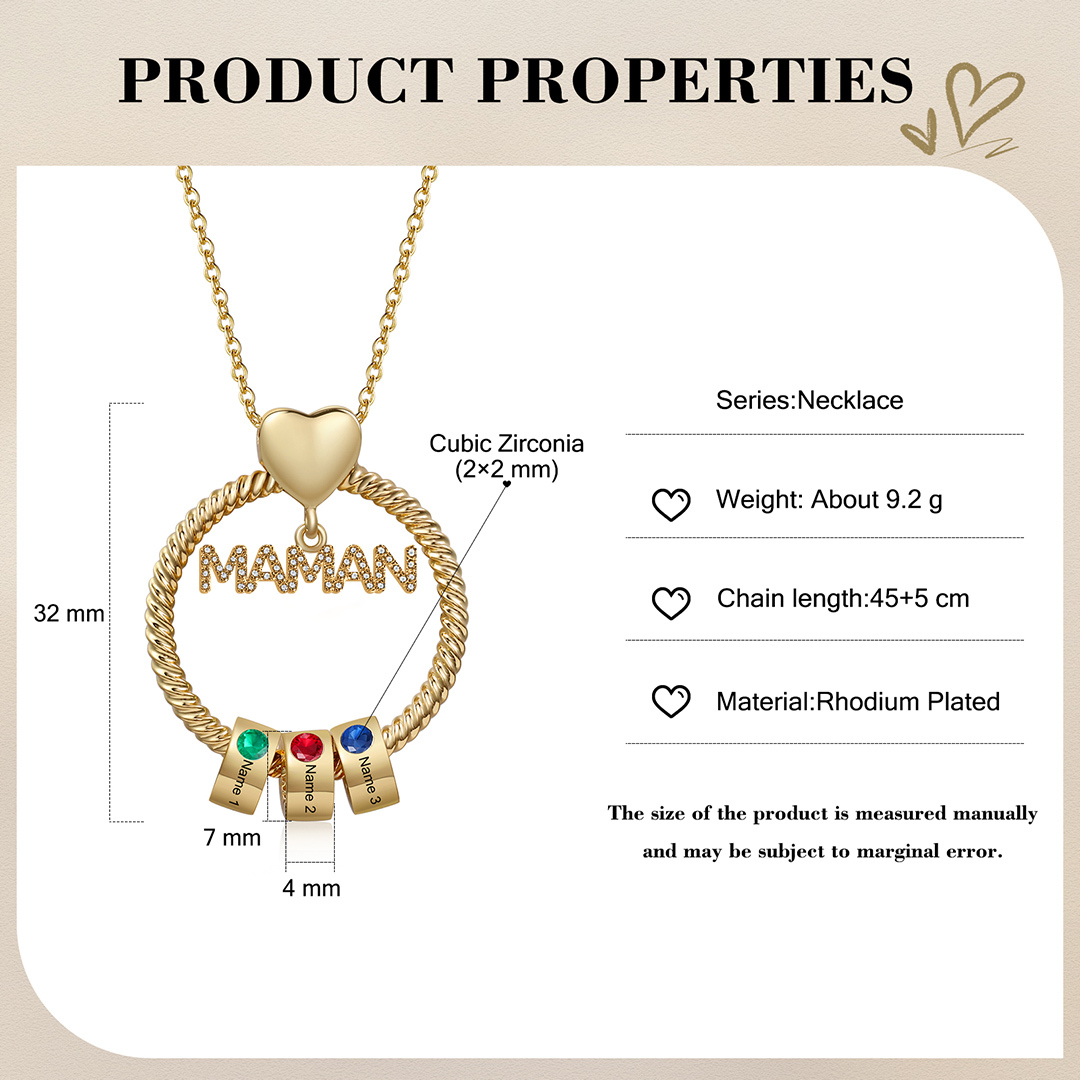 À ma Maman - Collier Pendentif 3 Prénoms Personnalisés avec Pierre de naissance|Jessemade