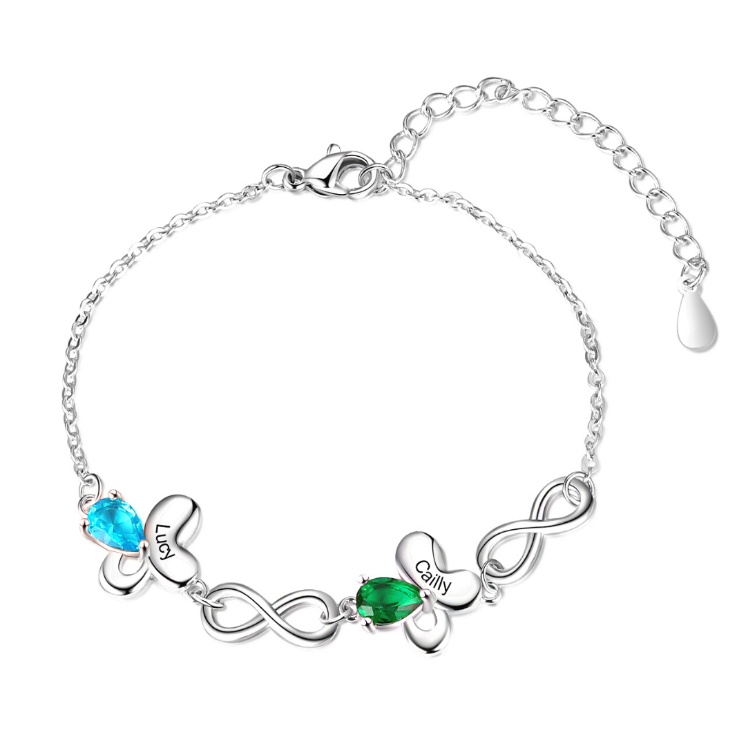 Bracelet papillon 2 Prénom Personnalisé avec 2 Pierre de Naissance