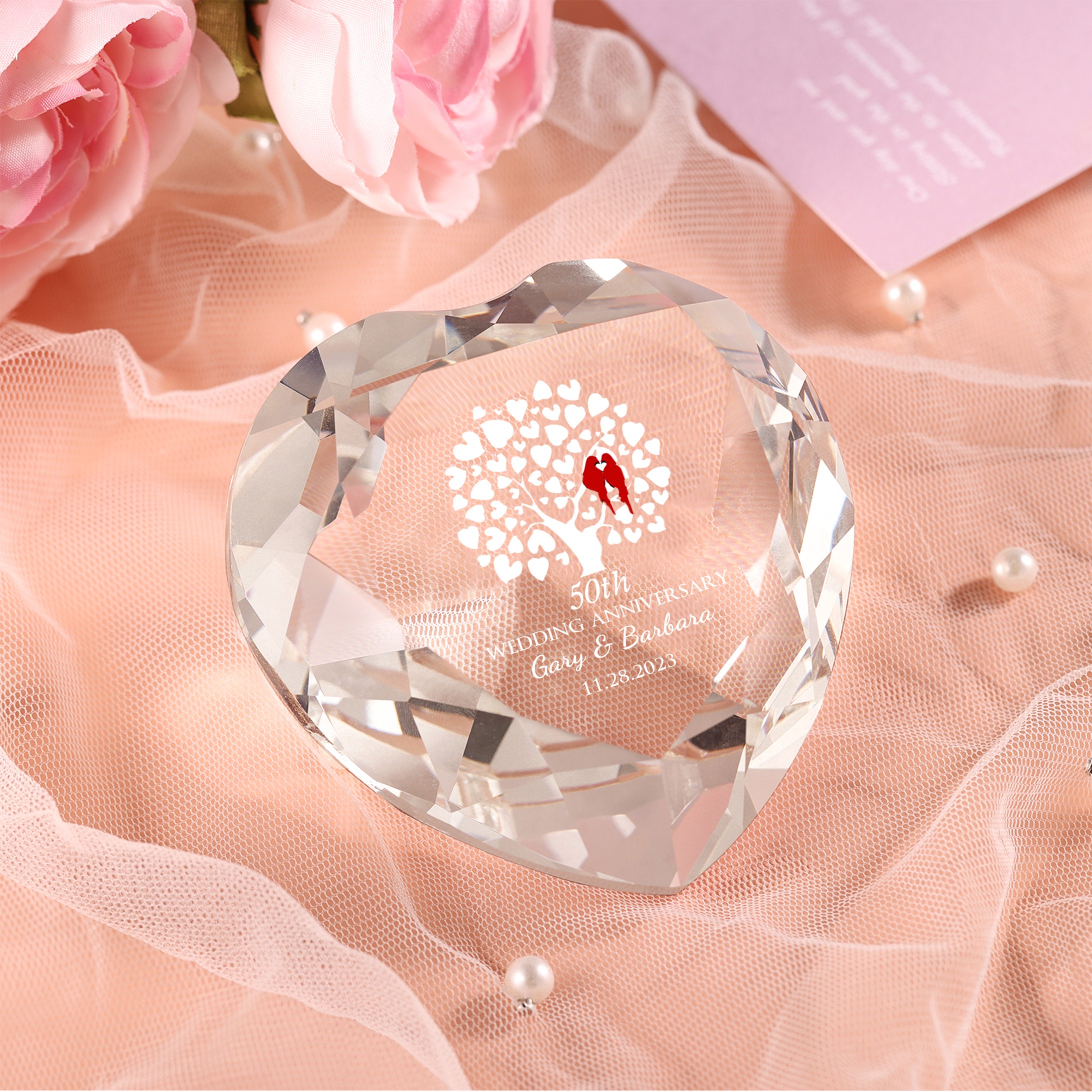 Décoration Cristal Cœur 2 Prénoms Personnalisés avec Texte et Date pour Couple