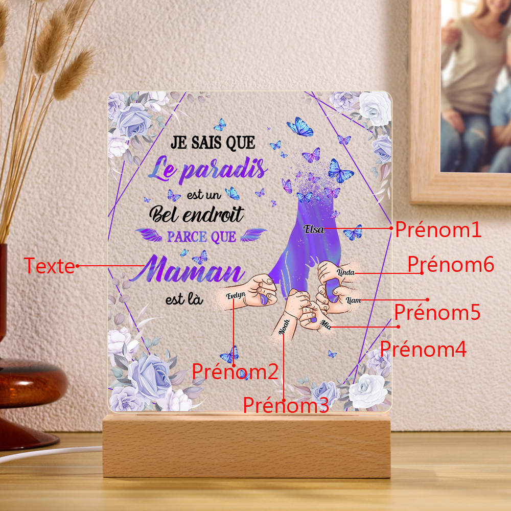 À Maman/Papa - Lampe de chevet LED Commémorative 6 Prénoms Personnalisés avec 1 Texte Lampe de chevet la main dans la main