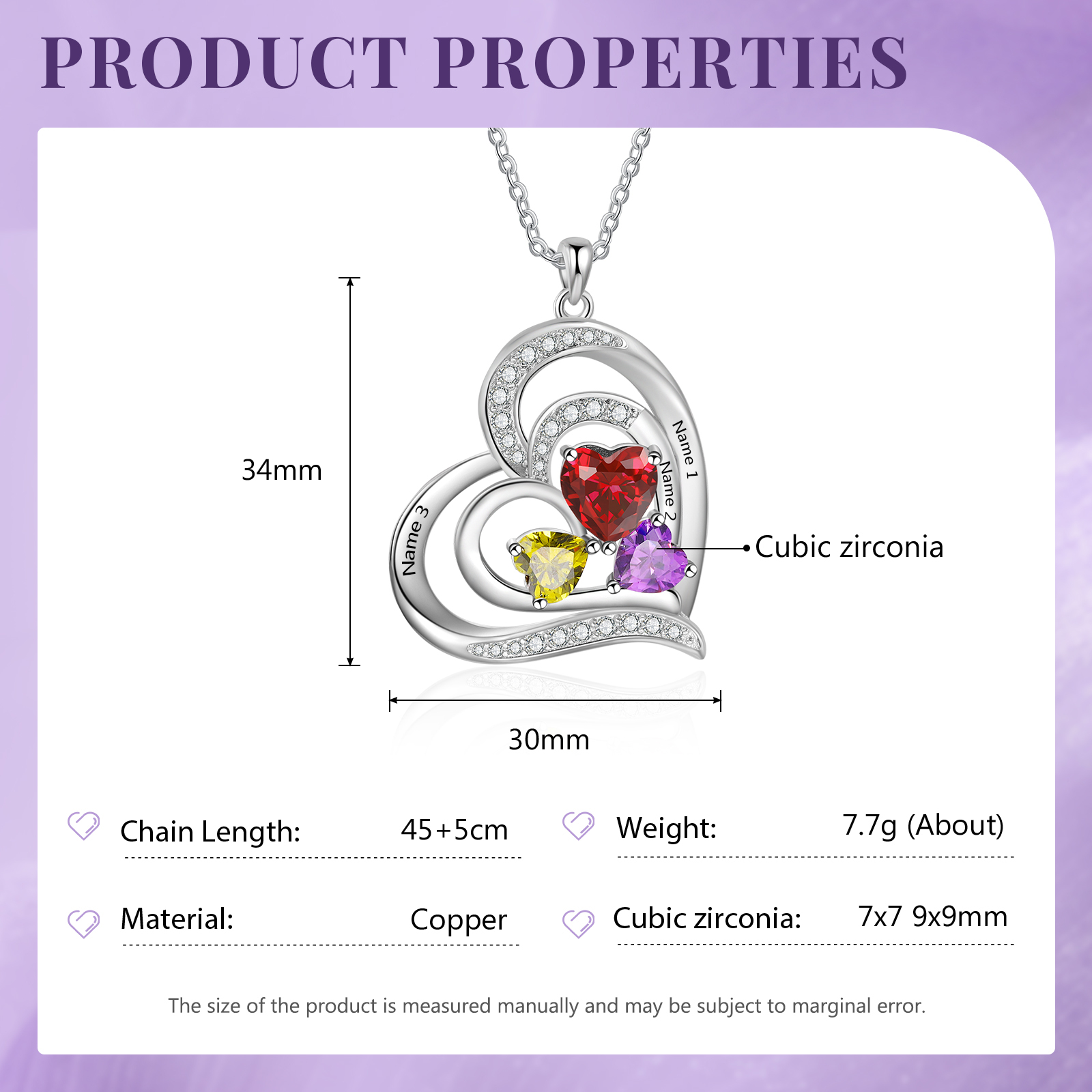 Collier Pendentif Cœur 3 Prénoms Personnalisés avec 3 Pierres de Naissance Collier Femmes