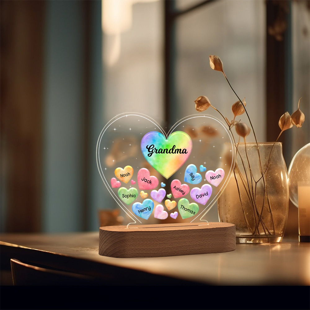 À Maman/Mamie - Lampe de chevet LED Cœurs 9 Prénoms Personnalisés avec 1 Texte