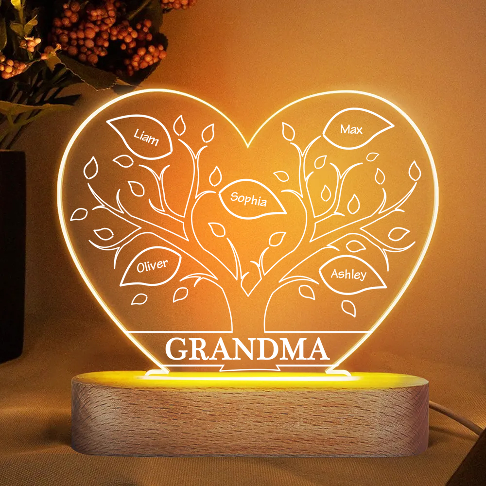 À Maman/Mamie - Lampe de chevet LED Arbre 5 Prénoms Personnalisés avec 1 Texte