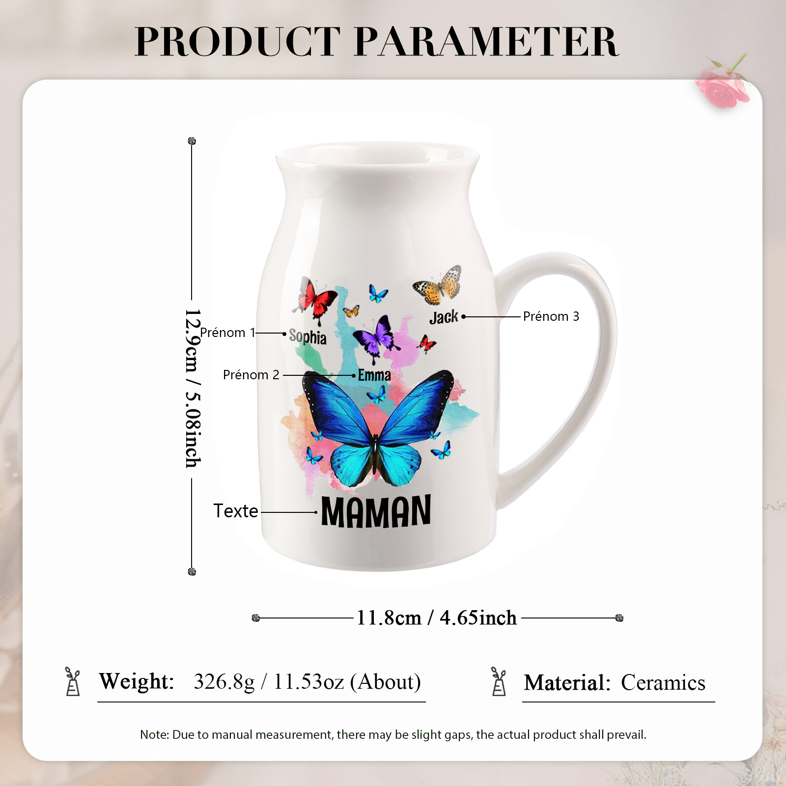 Vase à Fleurs Papillons 3 Prénoms Personnalisés avec Texte Décoration de la Maison