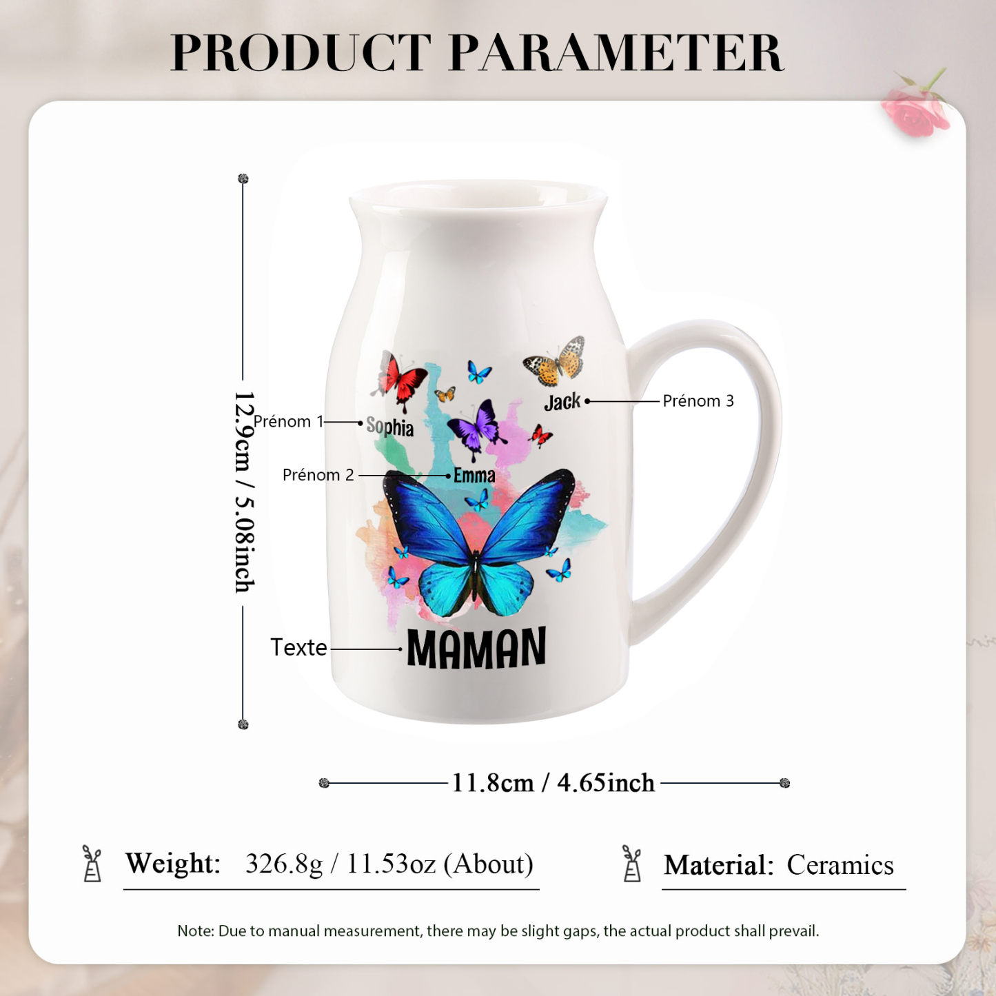 Vase à Fleurs Papillons 3 Prénoms Personnalisés avec Texte Décoration de la Maison