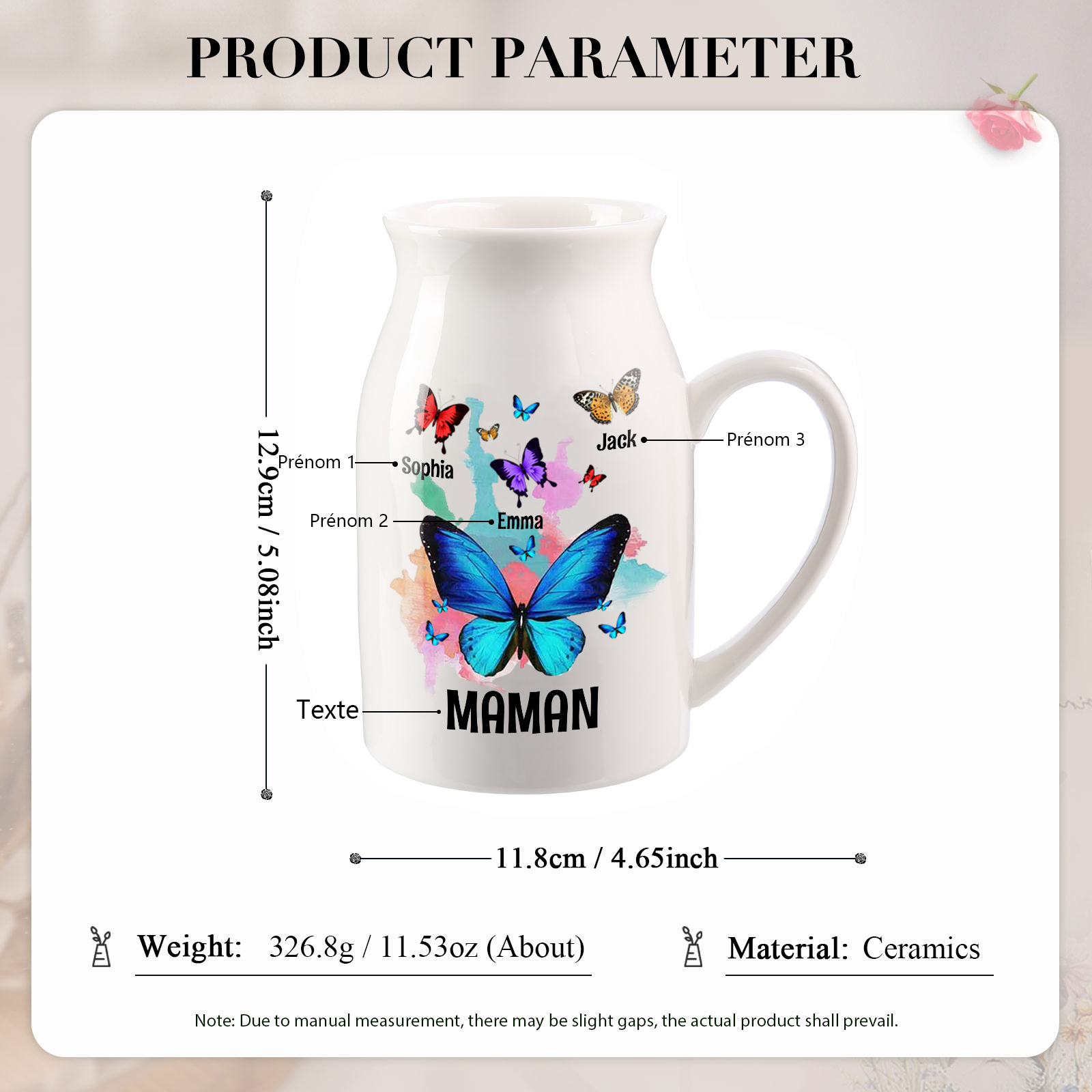 Vase à Fleurs Papillons 3 Prénoms Personnalisés avec Texte Décoration de la Maison