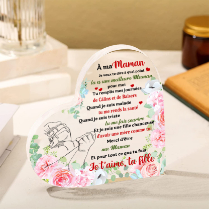 À ma Maman - Plaque Acrylique en Forme de Cœur La Main dans la Main Cadeau de Fille à Maman