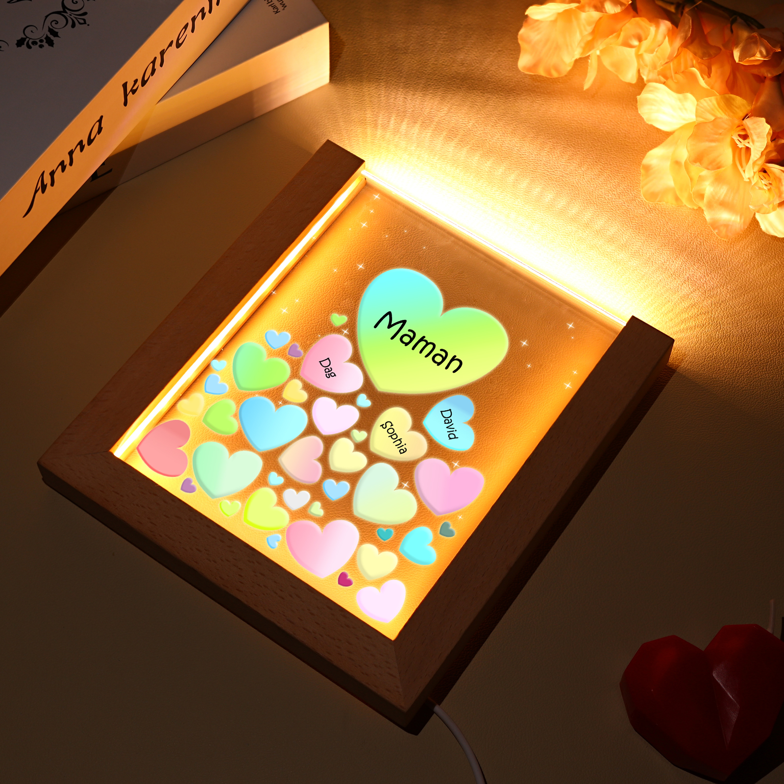 À Maman/Mamie - Lampe de chevet LED Cœurs 3 Prénoms Personnalisés avec 1 Texte