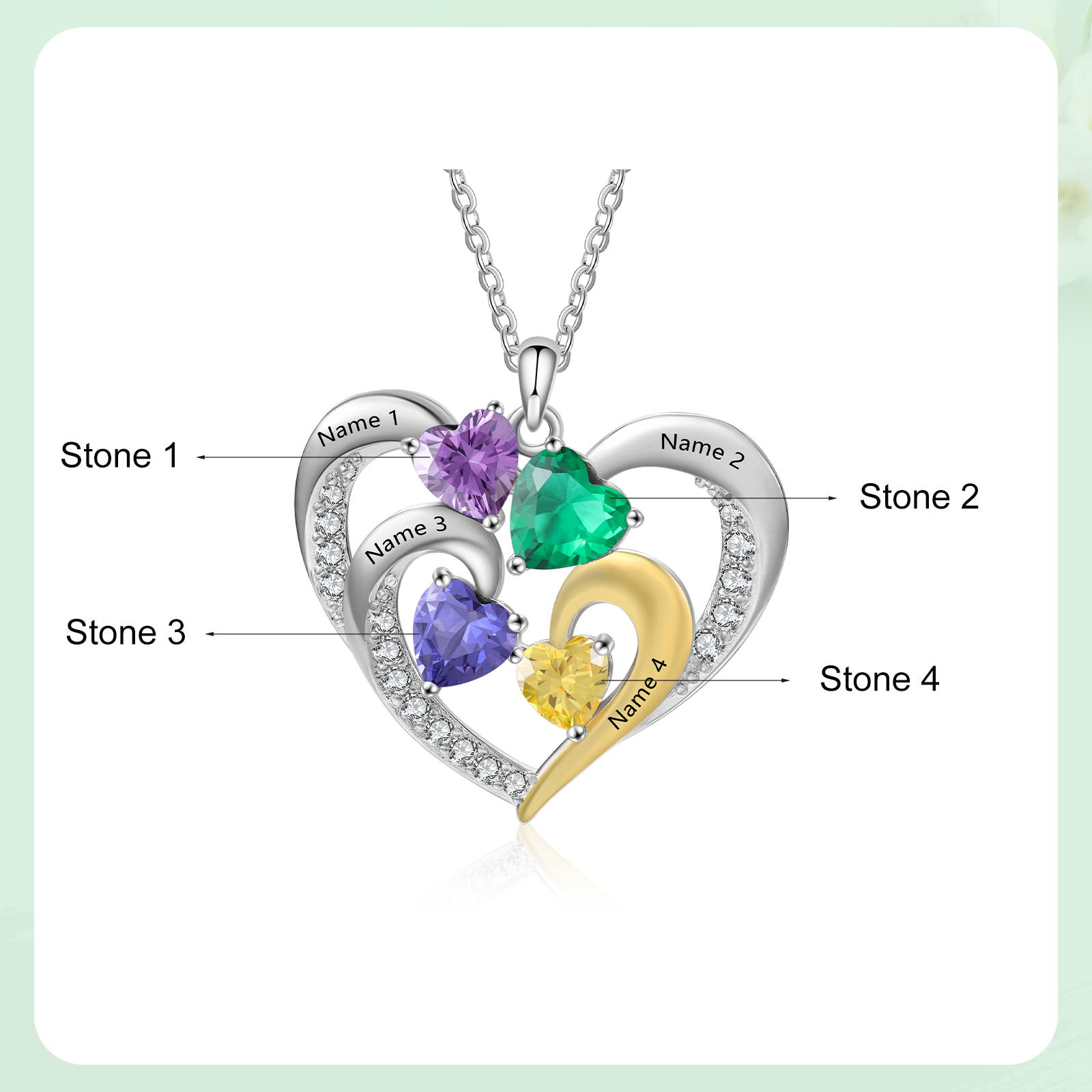 Collier Cœur 4 Prénoms et Personnalisés avec 4 Pierres de naissance