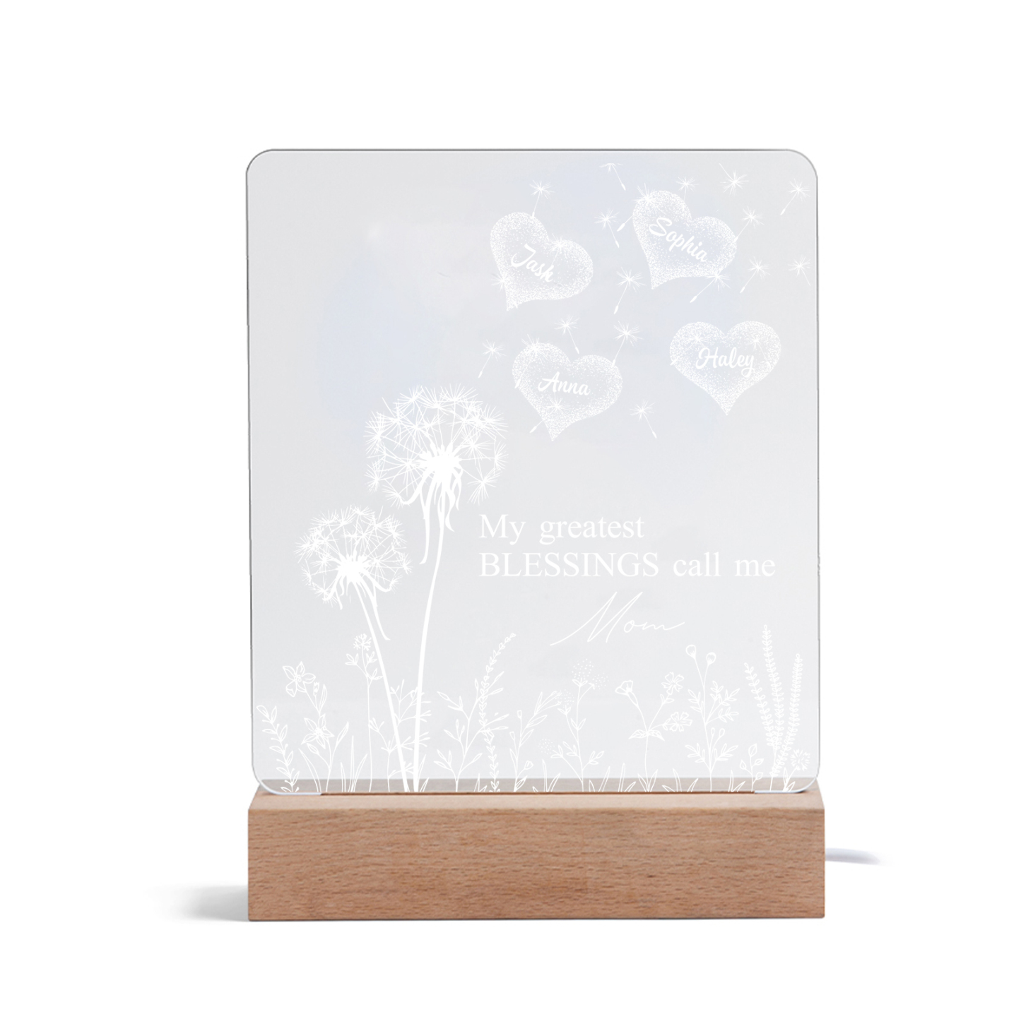 À Maman/Mamie - Lampe de chevet LED Pissenlit 4 Prénoms Personnalisés avec 2 Textes pour Famille