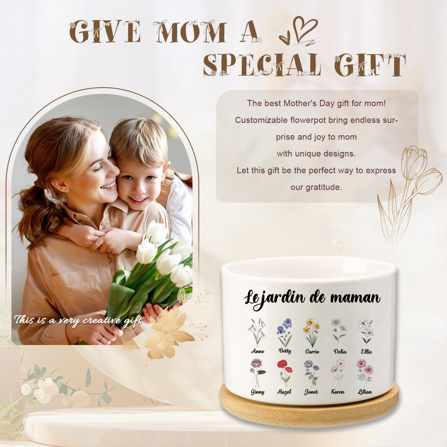 Vase/Pot de Fleurs 10 Prénoms et 1 Texte Personnalisés avec Fleurs de Naissance Décoration de la Maison (sans plantes)
