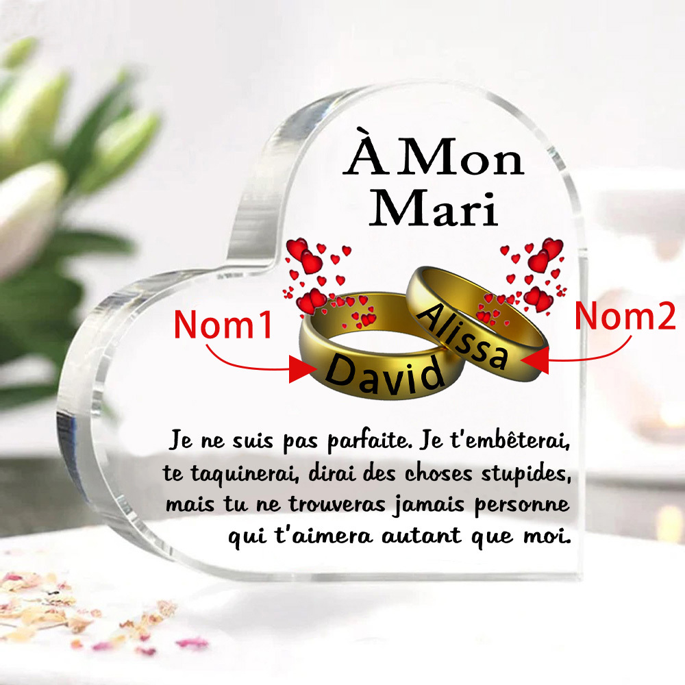 À Mon Mari-Plaque Acrylique en Forme de Cœur 2 Prénoms Personnalisés