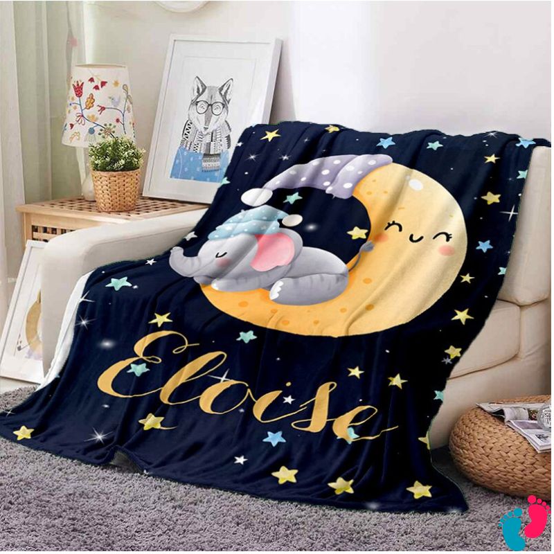 Jessemade FR À Mon Bébé- Couverture plaids polaire éléphant et Ourson 1 Prénom Personnalisé