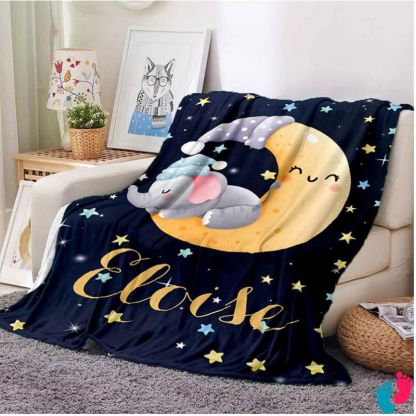 Jessemade FR À Mon Bébé- Couverture plaids polaire éléphant et Ourson 1 Prénom Personnalisé