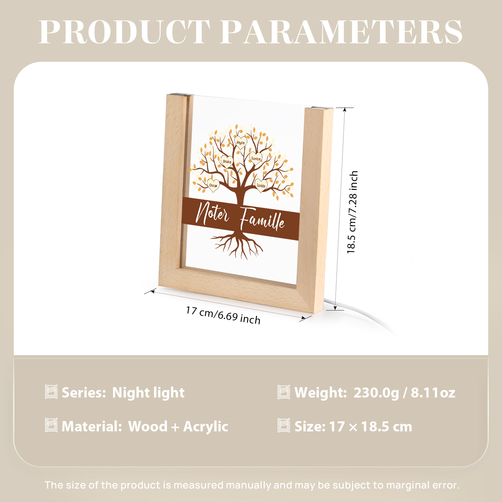 À Maman/Mamie - Lampe de chevet LED Arbre 5 Prénoms Personnalisés avec 1 Texte