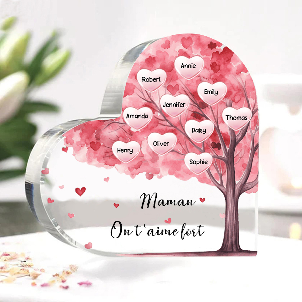 À ma Maman/Mamie - Plaque Acrylique Arbre en Forme de Cœur 10 Prénoms Personnalisés avec 1 Texte