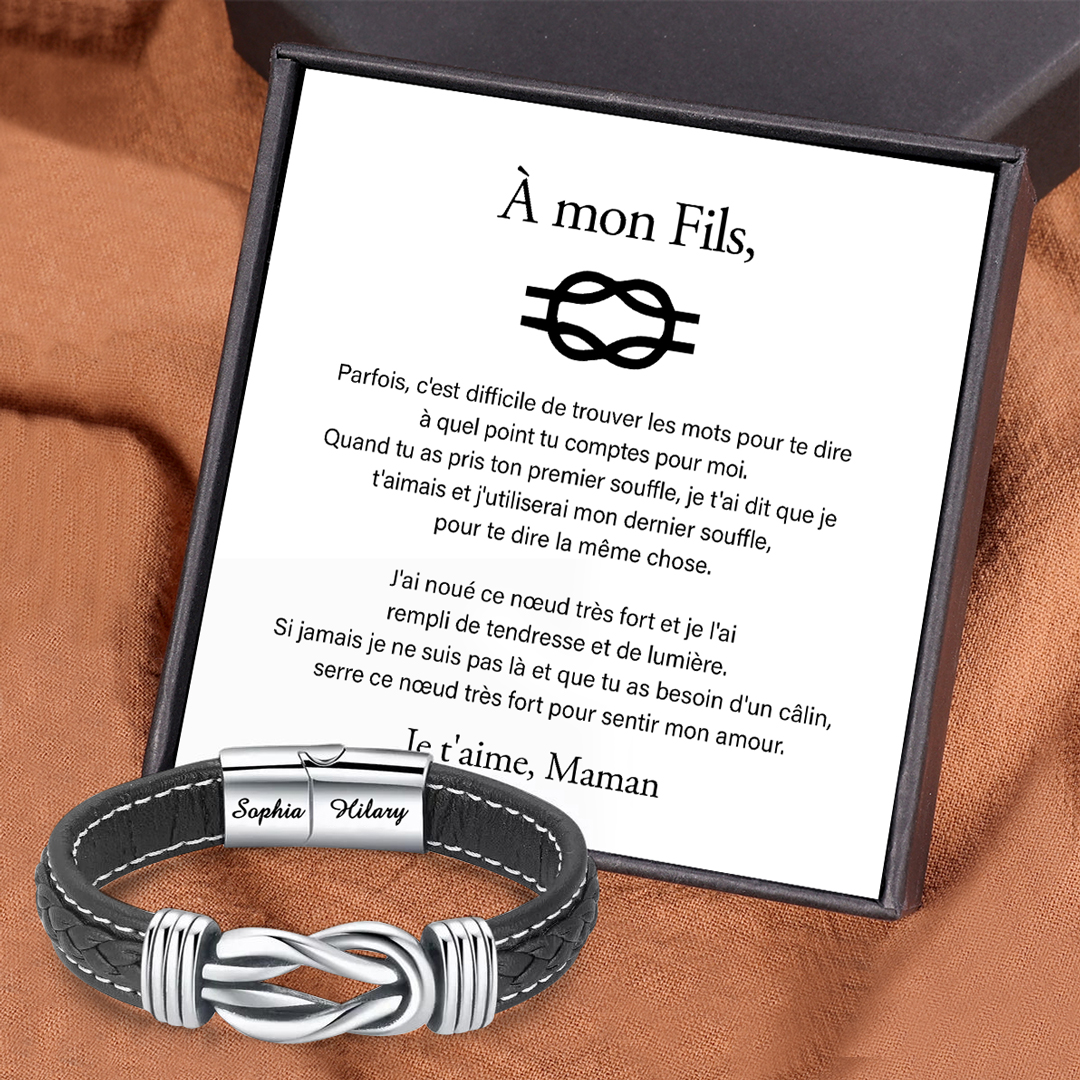 À Mon Fils-Bracelet en Cuir 2 Prénoms Personnalisé