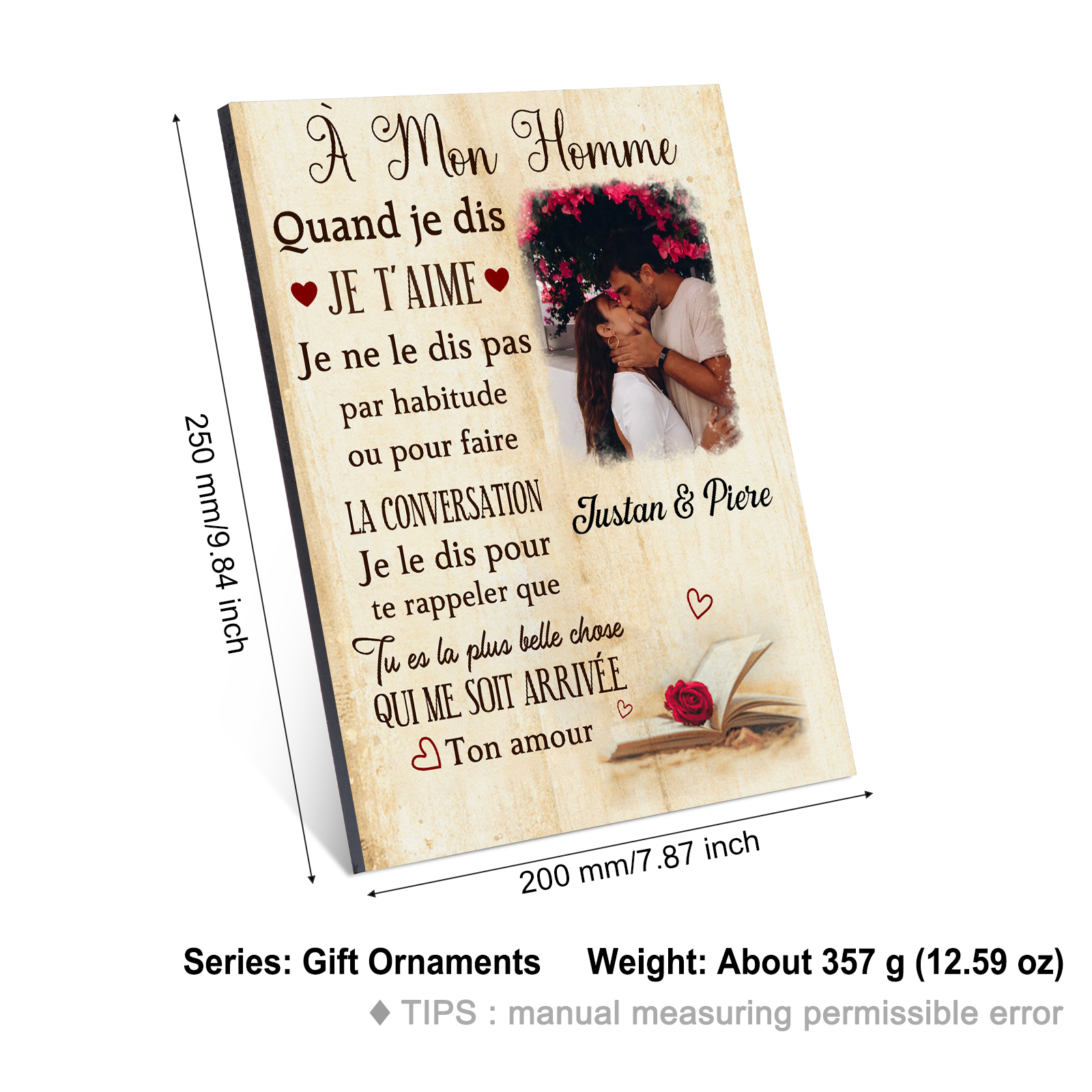 Cadre en Bois 2 Prénoms Personnalisés avec Photo pour Couple Cadeau Saint Valentin