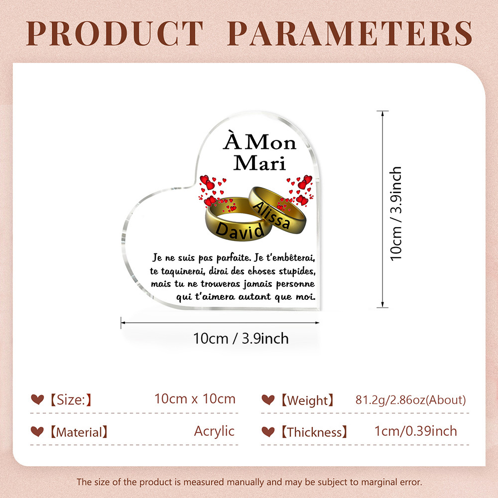 À Mon Mari-Plaque Acrylique en Forme de Cœur 2 Prénoms Personnalisés
