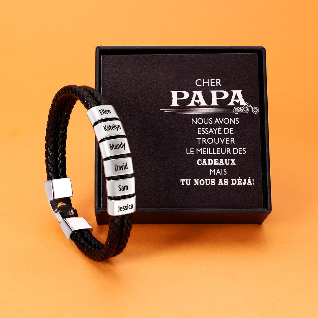 À mon Papa - Bracelet Cuir tressé 6 Perles et Prénoms Personnalisés Bracelet Hommes