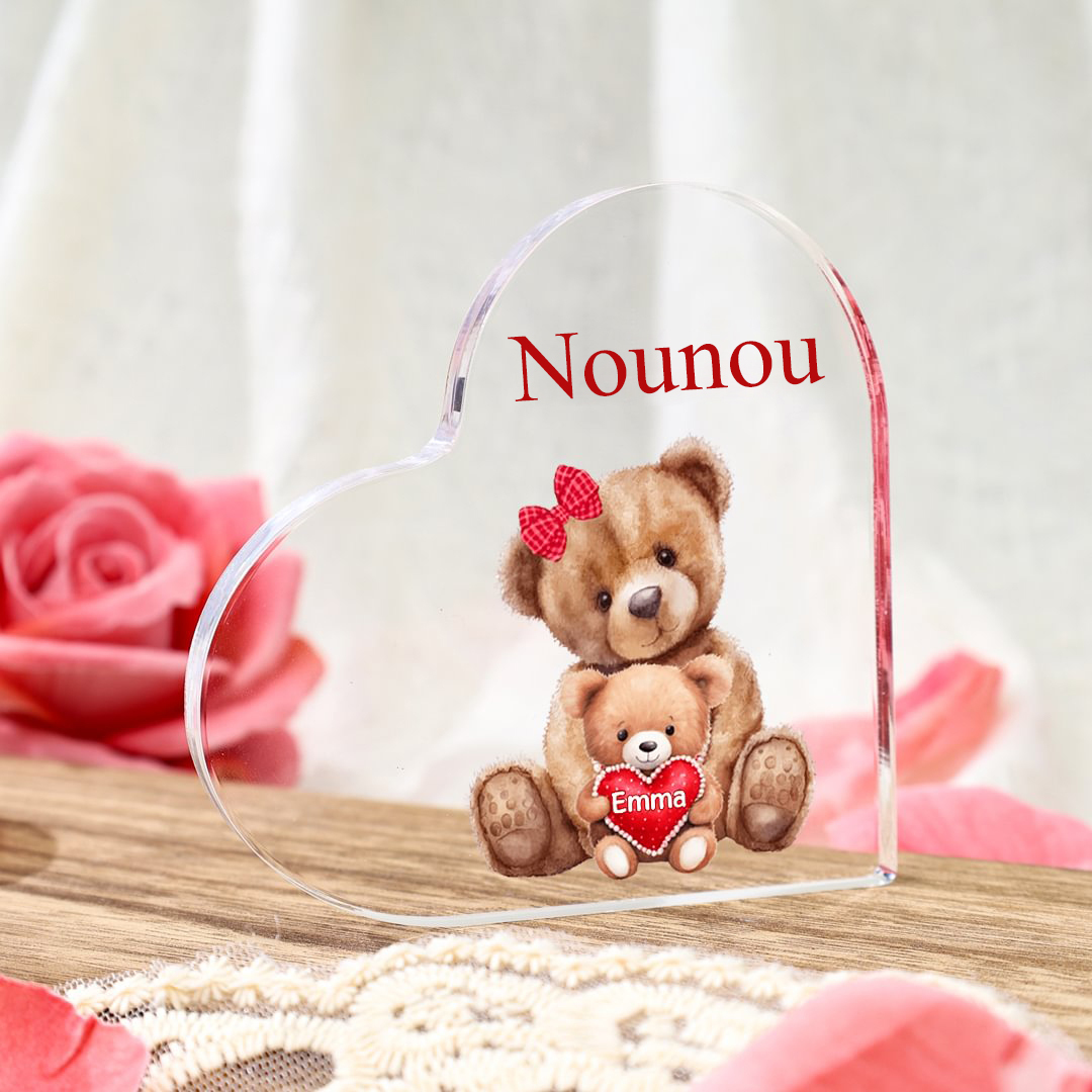 À Ma Nounou- Plaque Acrylique Ours en Forme de Cœur 1 Prénom Personnalisé avec 1 Texte