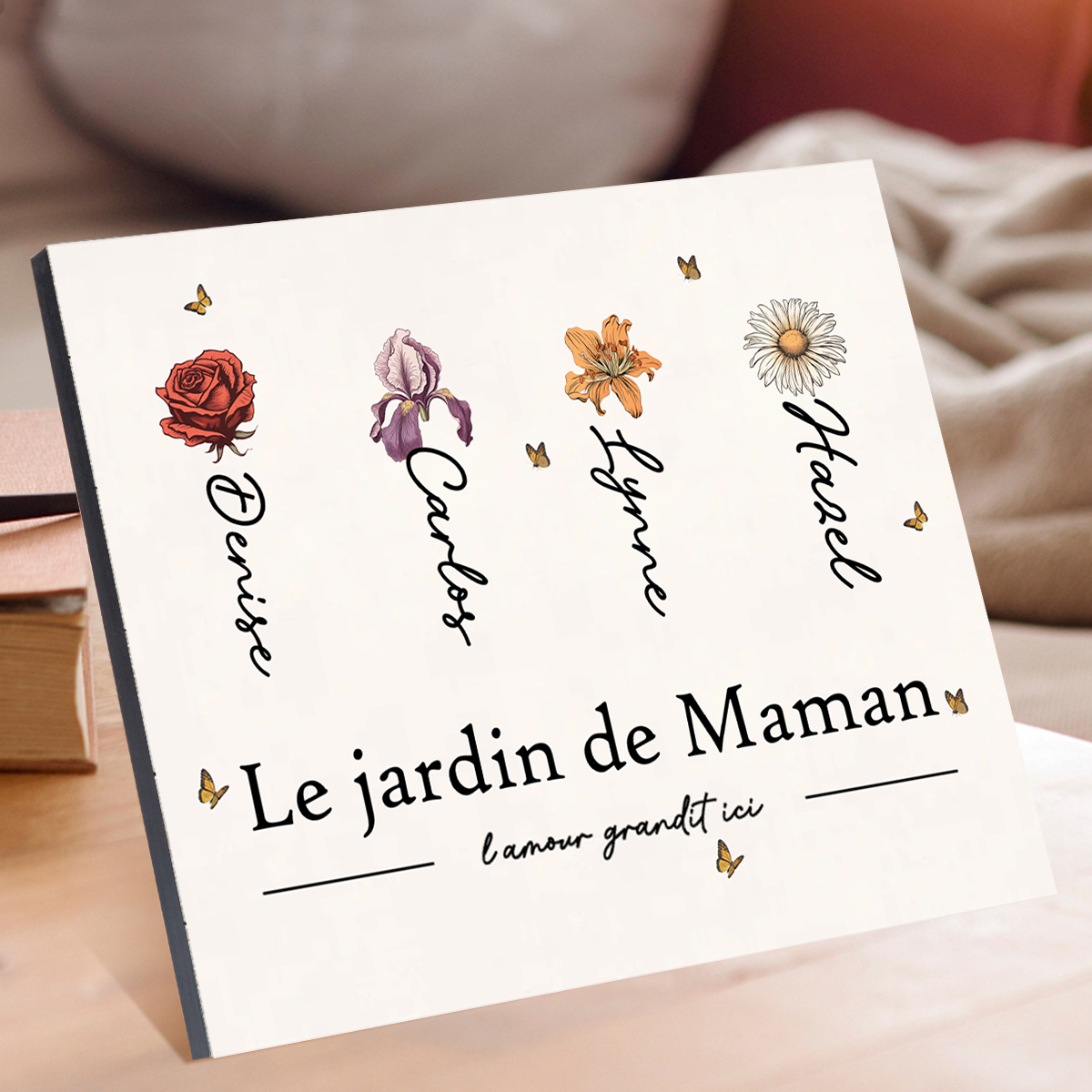 Cadre en Bois Jardin de Maman 1-12 Prénoms et 1 Texte Personnalisés avec Fleur de Naissance Cadeau pour Famille