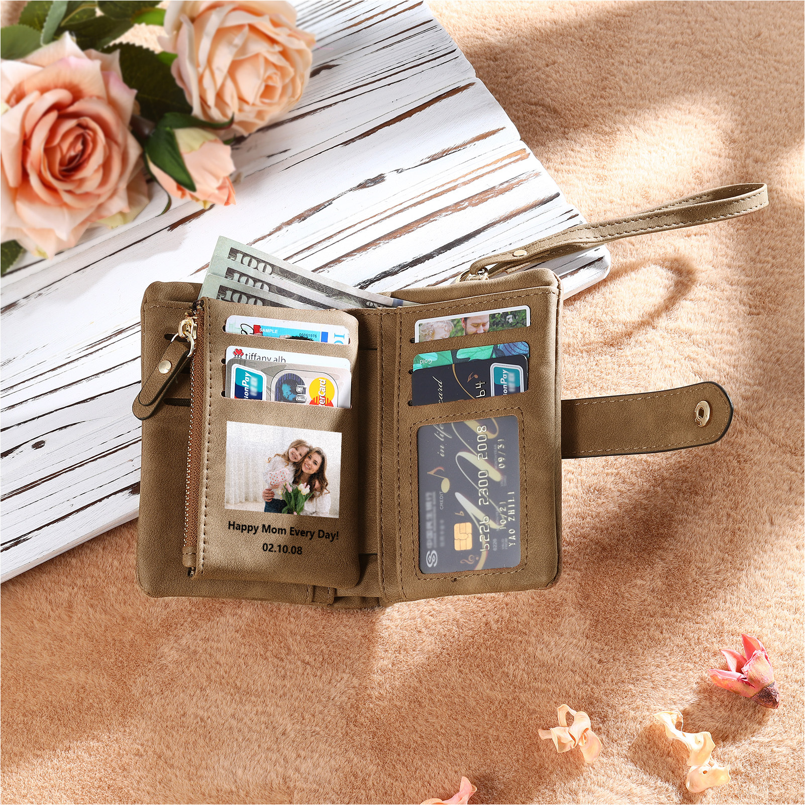 Portefeuille Fleur 1 Prénom et Lettre Personnalisés avec Photo et Texte Porte-Monnaie Carte pour Femmes