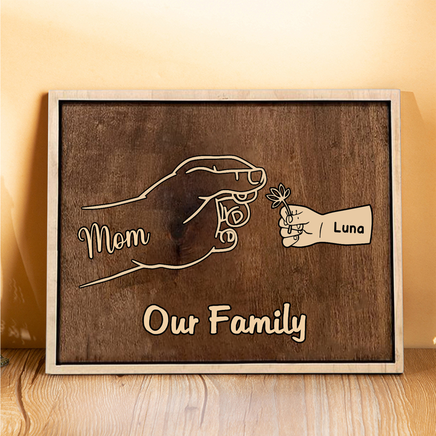 À Maman/Mamie - Cadre en Bois Main et Enfants 2 Prénoms Personnalisés avec Texte Cadeau pour Famille
