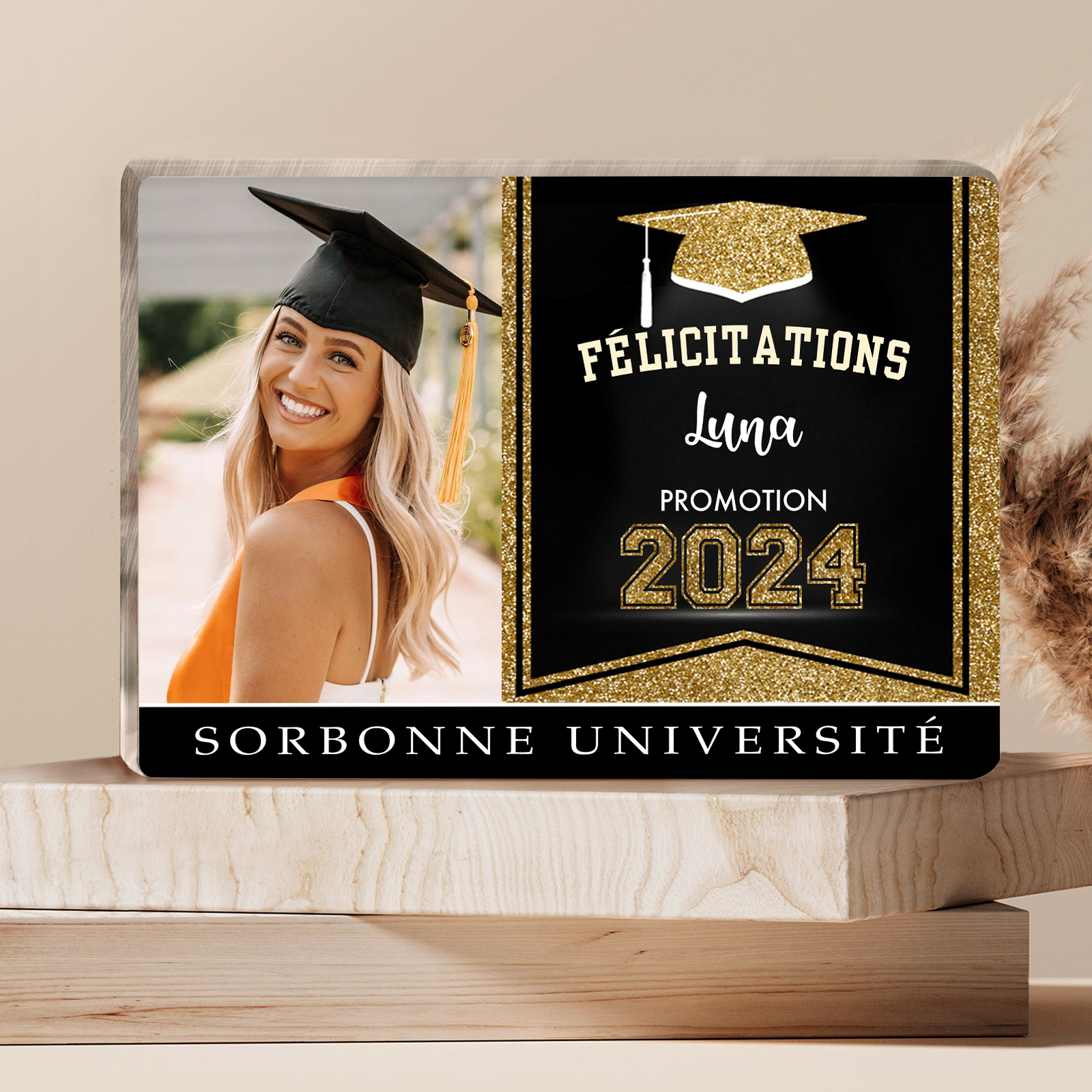 Plaque Acrylique Rectangle Diplômés Prénom et Photo Personnalisés avec Années et Texte Cadeau de Graduation
