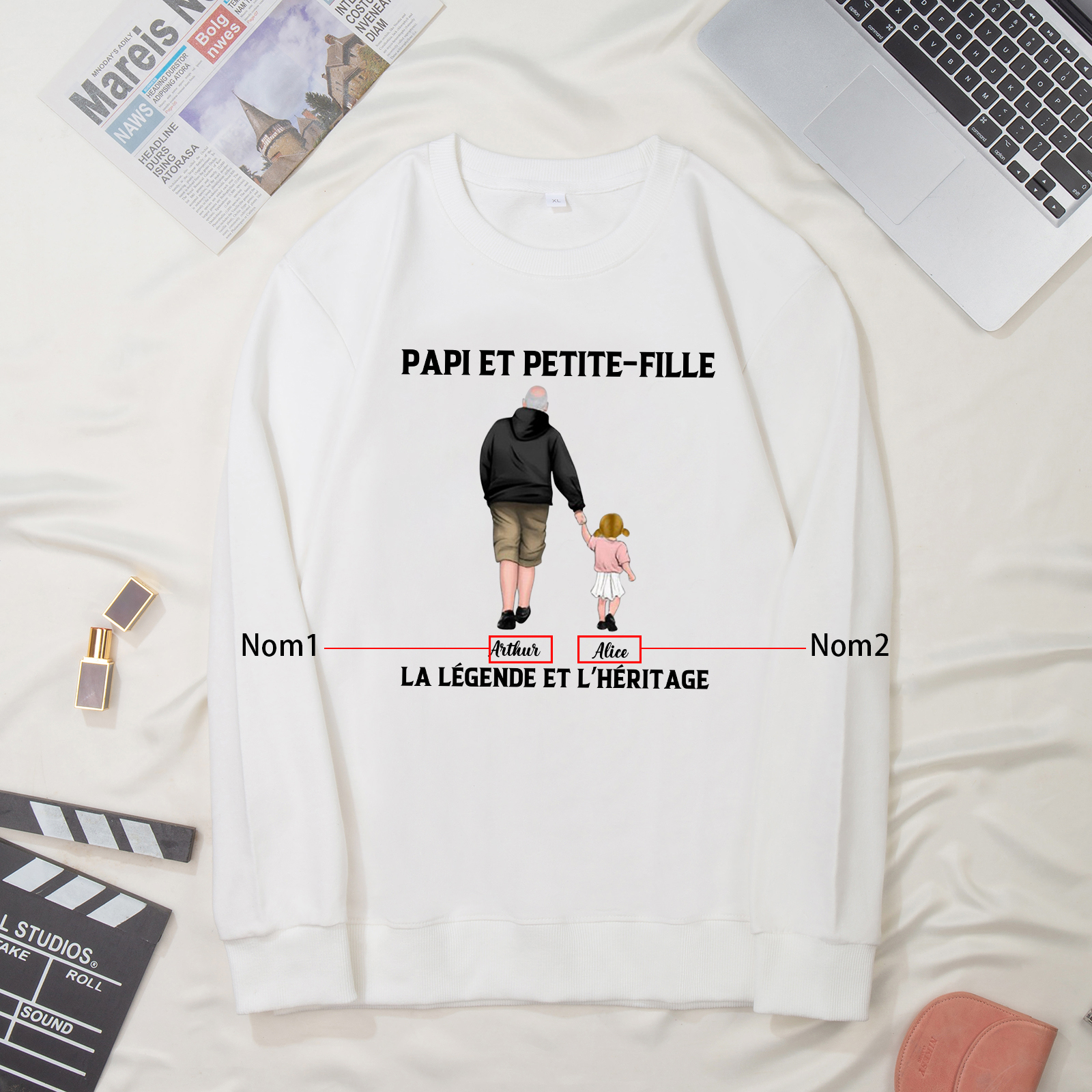 À mon Papi - Sweat-Shirt Papi et Petite-Fille 2 Prénoms Personnalisés
