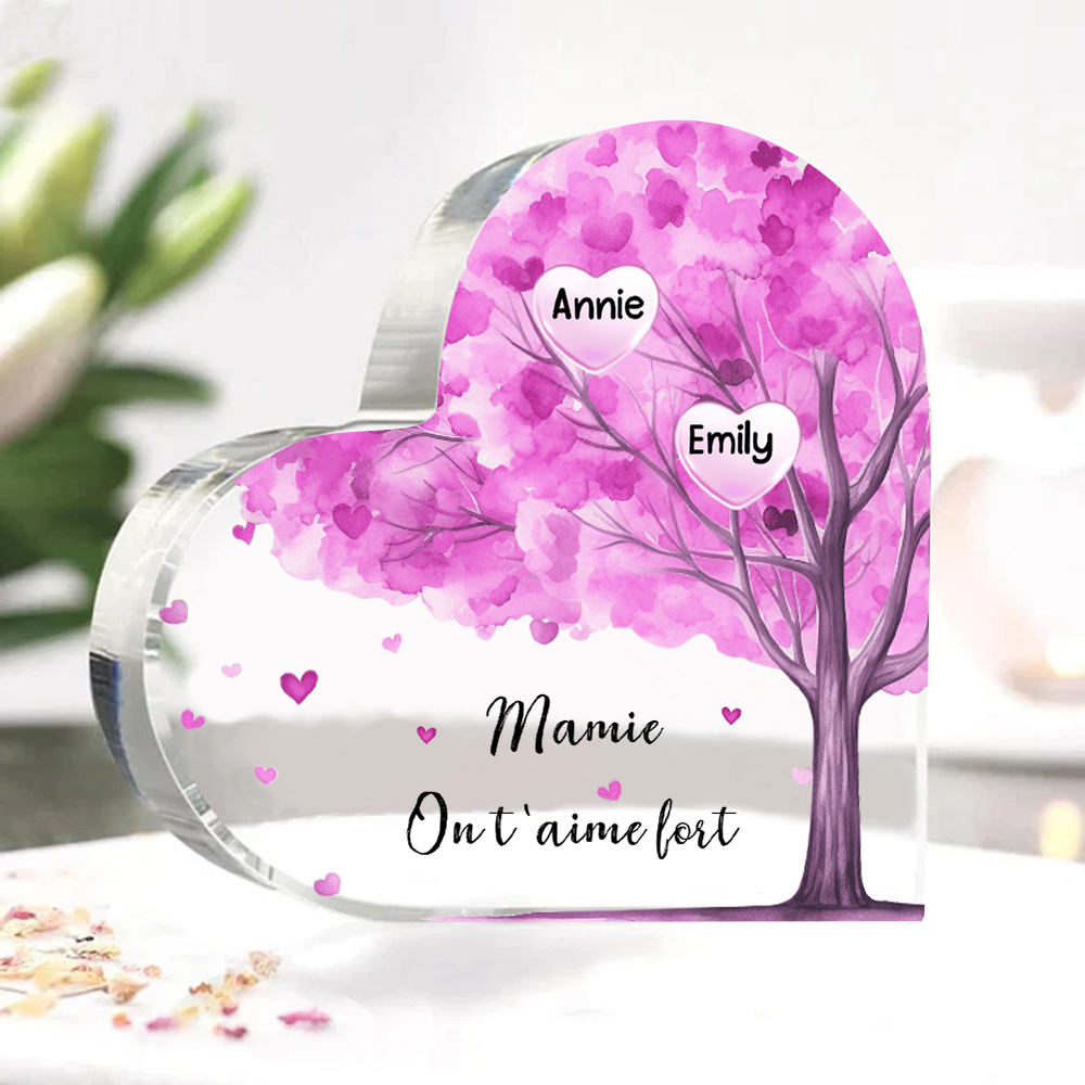 À ma Maman/Mamie - Plaque Acrylique Arbre en Forme de Cœur 2 Prénoms Personnalisés avec 1 Texte