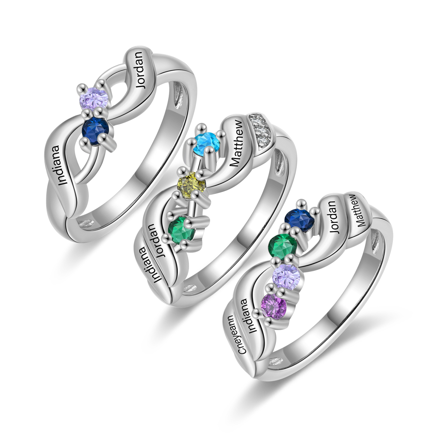 Bague Infini Personnalisée avec Prénoms et Pierres de Naissance – Bijou Gravé pour Femme