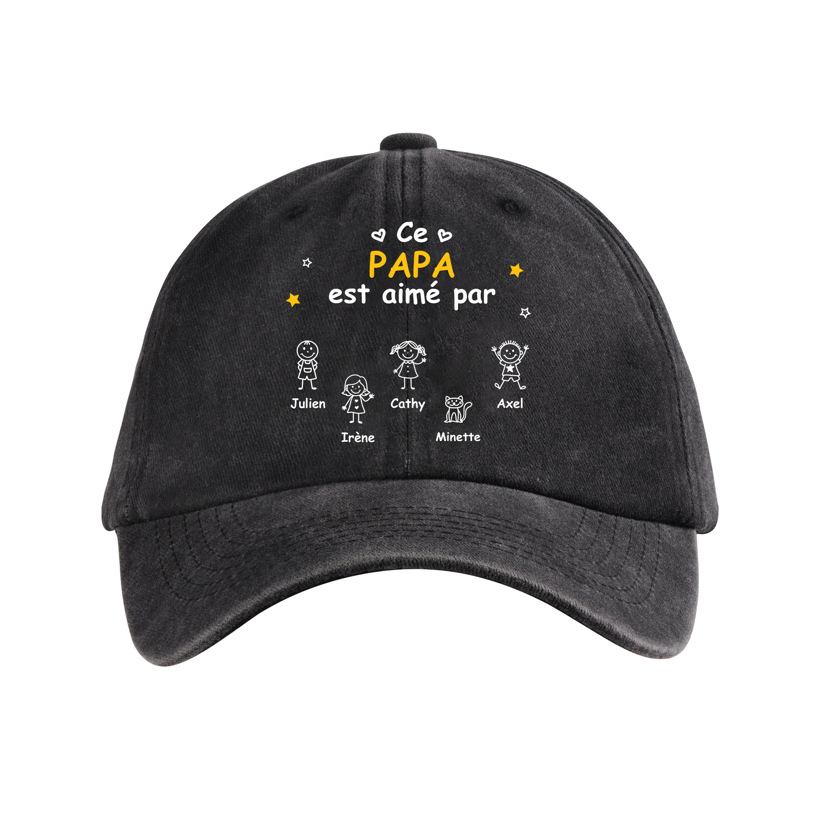 Casquette de baseball personnalisée en coton avec 1 à 10 prénoms et un dessin d’enfant – un cadeau personnel pour Papa ou Papi ; cadeau pour la fête des Pères et pour l’anniversaire de Papa, du mari, de Papi | Jessemade