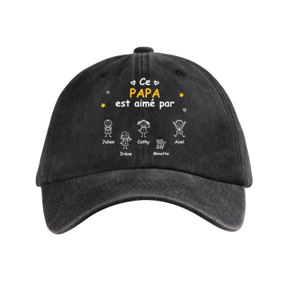 Casquette de baseball personnalisée en coton avec 1 à 10 prénoms et un dessin d’enfant – un cadeau personnel pour Papa ou Papi ; cadeau pour la fête des Pères et pour l’anniversaire de Papa, du mari, de Papi | Jessemade