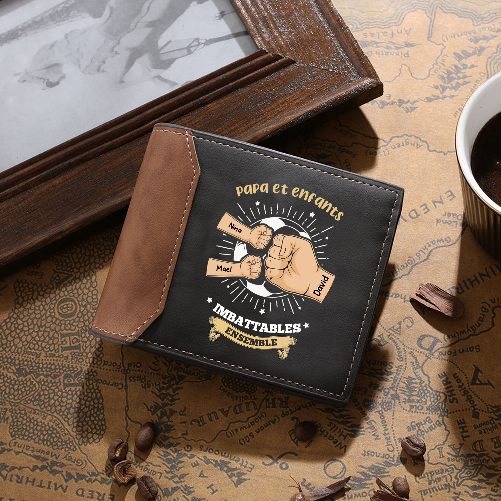 Portefeuille en cuir personnalisé pour papa et fils, personnalisable avec 2 à 9 prénoms et motif « poing » – portefeuille en cuir – cadeau pour la Fête des pères et anniversaire pour papa
