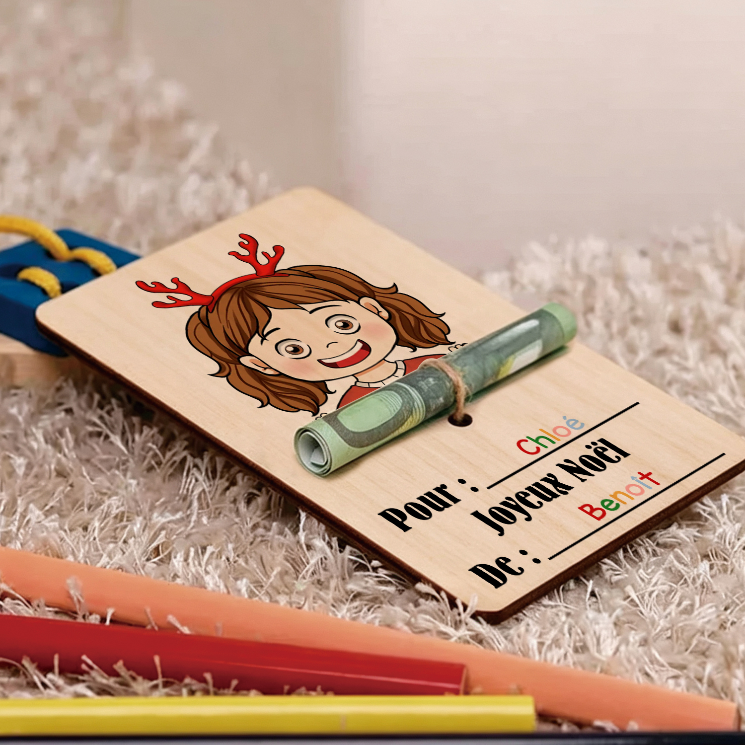 Porte-Billet de Noël Personnalisé en Bois avec 2 Prénoms – Carte Cadeau Argent pour Enfant