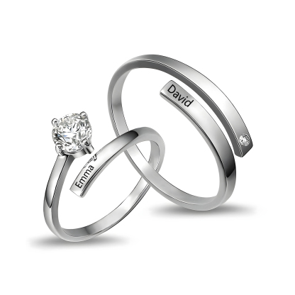 Bague de Couple Personnalisée avec Prénoms ou Textes – Anneaux Ajustables Sertis de Zircon