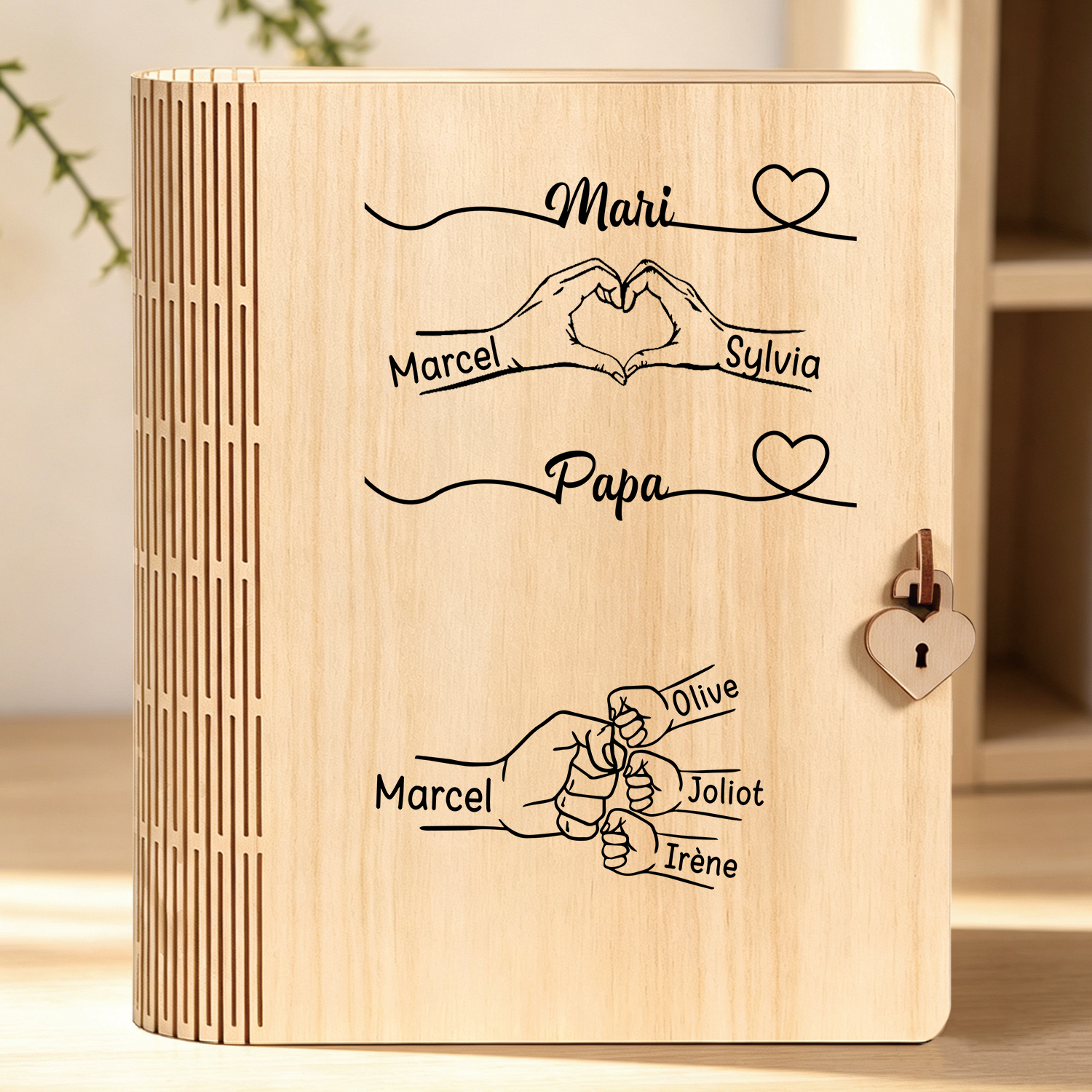 Boîte de Rangement Livre Personnalisée en Bois avec 3–10 Noms et Poings, cadeau de fête des Pères pour Papa