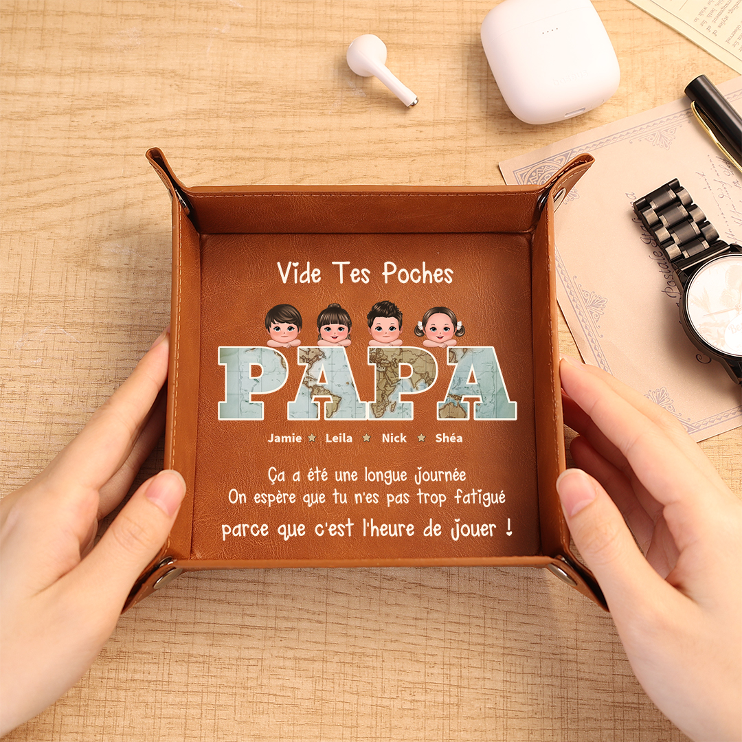Vide-poches en Cuir PU personnalisé avec 1-6 Prénoms et Enfants pour Papa, Cadeau Fête des Pères