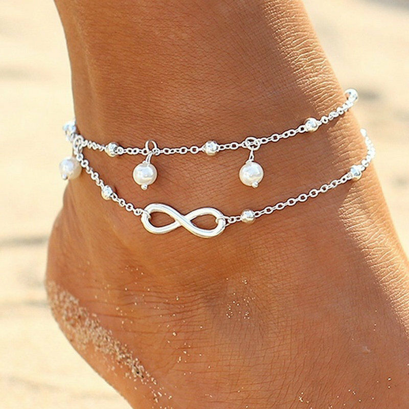 Bracelet de cheville double avec perles et symbole infini - Cadeau pour femme | Jessemade
