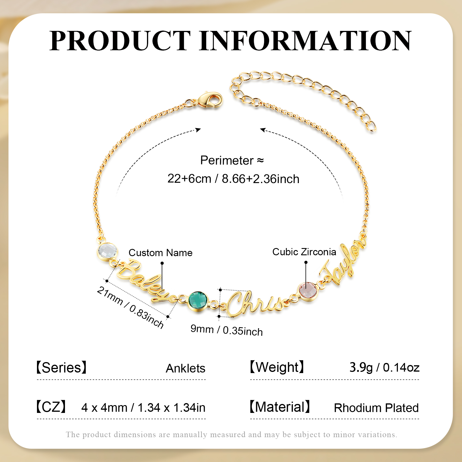 Bracelet de Cheville Personnalisés avec 3 Prénoms et Pierres de Naissance Cadeau pour Femme｜Jessemade