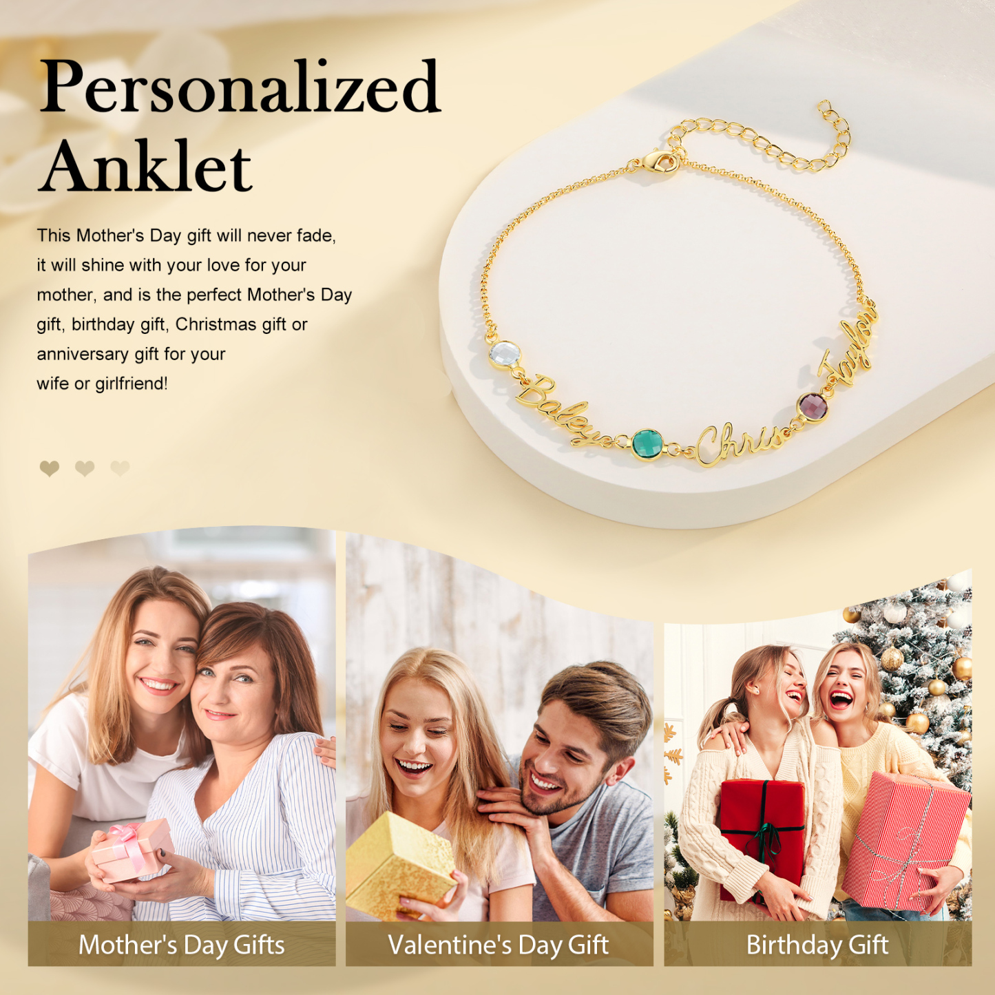 Bracelet de Cheville Personnalisés avec 3 Prénoms et Pierres de Naissance Cadeau pour Femme｜Jessemade