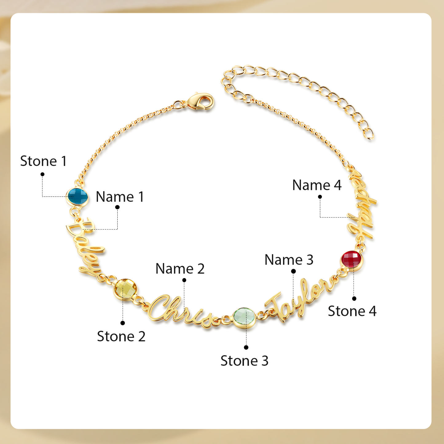 Bracelet de Cheville Personnalisés avec 4 Prénoms et Pierres de Naissance Cadeau pour Femme｜Jessemade