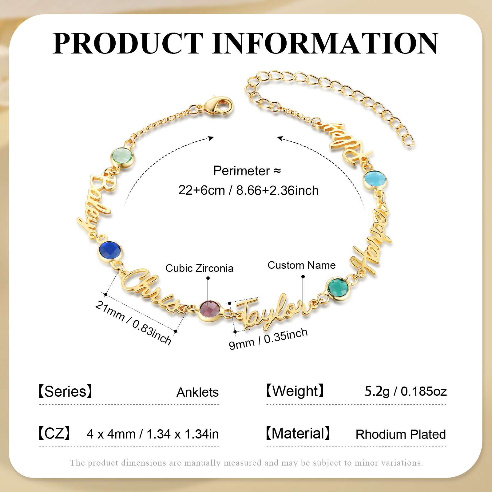 Bracelet de Cheville Personnalisés avec 5 Prénoms et Pierres de Naissance Cadeau pour Femme｜Jessemade