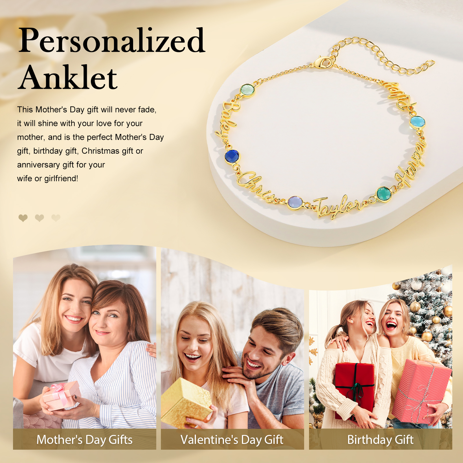 Bracelet de Cheville Personnalisés avec 5 Prénoms et Pierres de Naissance Cadeau pour Femme｜Jessemade