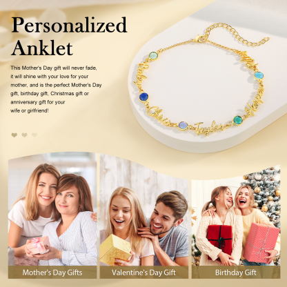 Bracelet de Cheville Personnalisés avec 5 Prénoms et Pierres de Naissance Cadeau pour Femme｜Jessemade