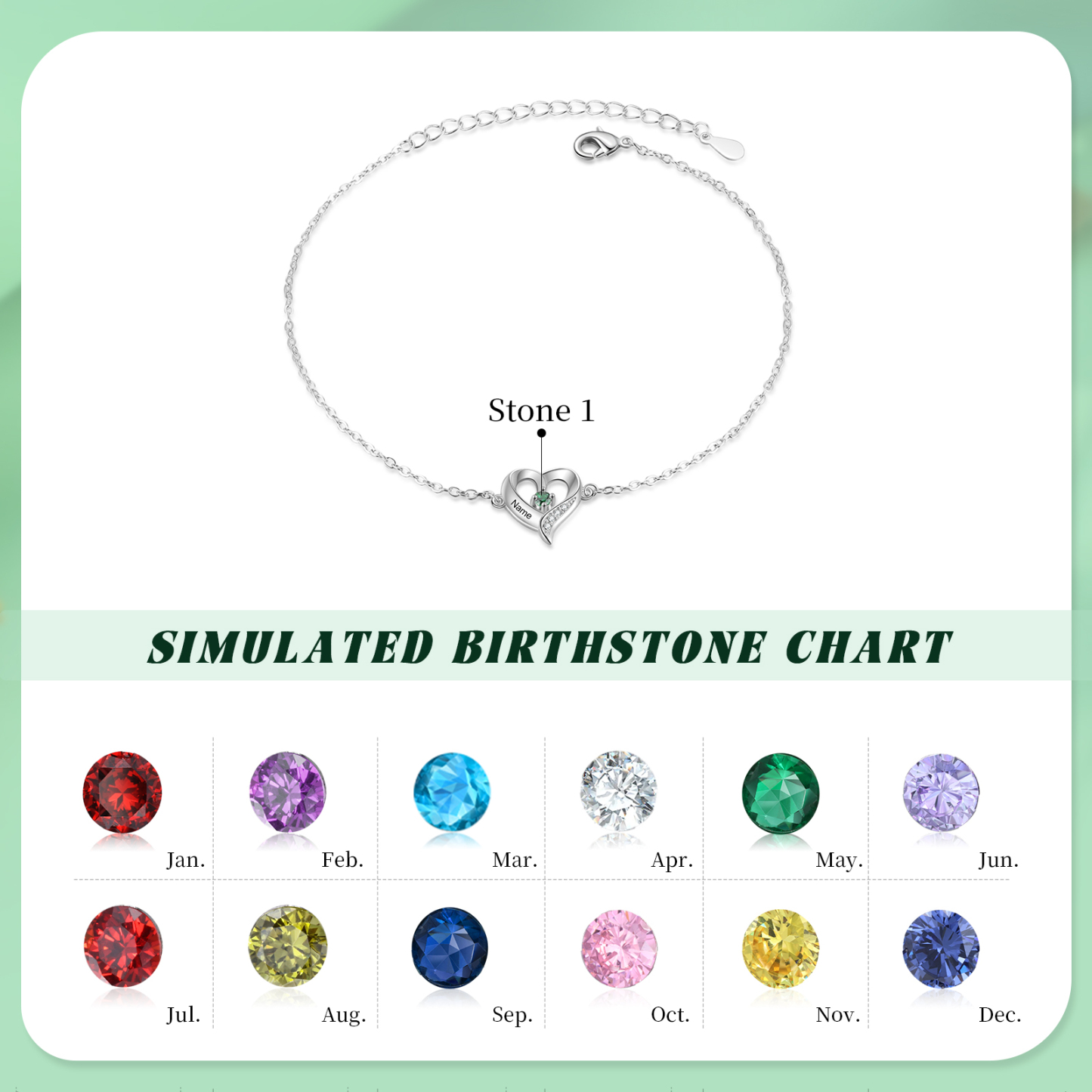 Bracelet de Cheville Personnalisés avec 1 Prénom et Pierre de Naissance Cheville en forme de Cœur pour Femme｜Jessemade