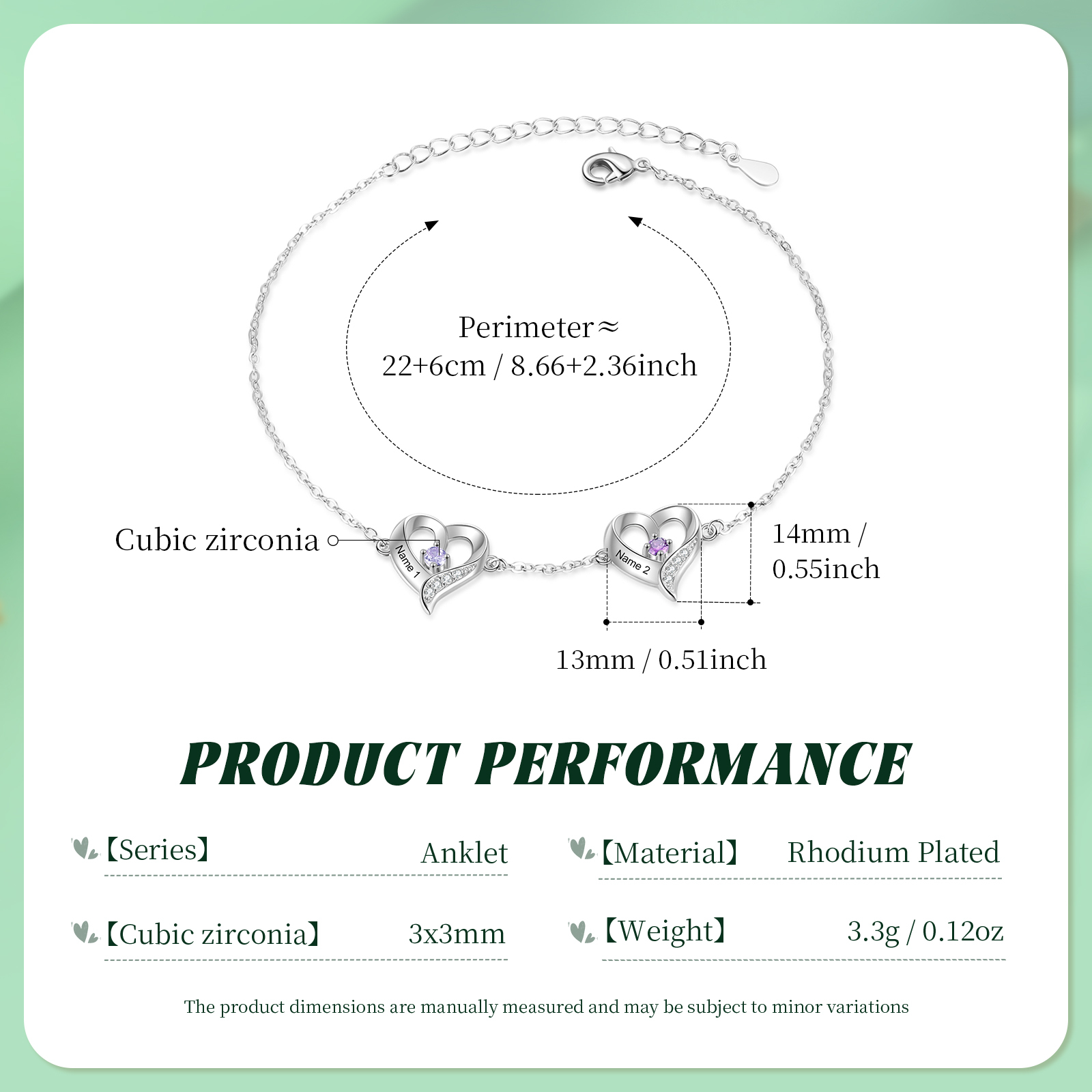 Bracelet de Cheville Personnalisés avec 2 Prénoms et Pierres de Naissance Cheville en forme de Cœur pour Femme｜Jessemade