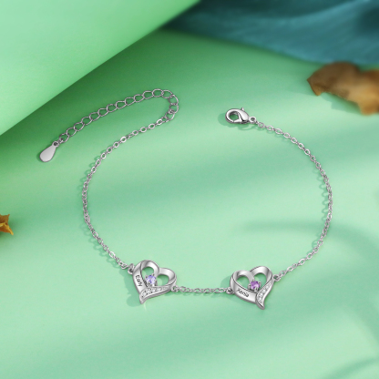 Bracelet de Cheville Personnalisés avec 2 Prénoms et Pierres de Naissance Cheville en forme de Cœur pour Femme｜Jessemade