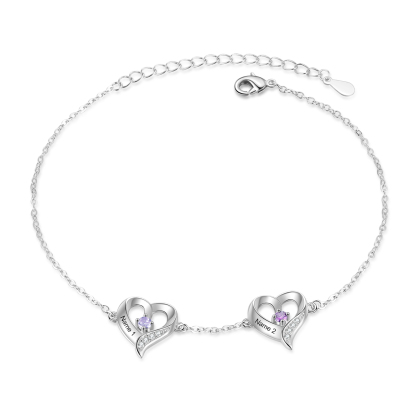 Bracelet de Cheville Personnalisés avec 2 Prénoms et Pierres de Naissance Cheville en forme de Cœur pour Femme｜Jessemade